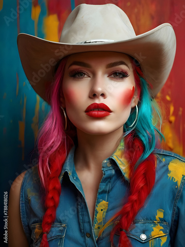 Portrait of a stylish woman with colorful hair, red lips and a cowboy hat. 