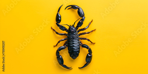 Heterometric Scorpion Black Scorpion top view isolated on yellow background
