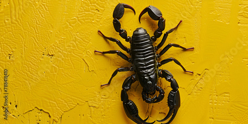 Heterometric Scorpion Black Scorpion top view isolated on yellow background