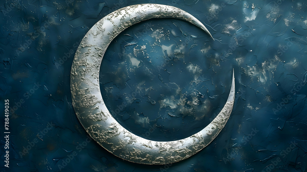 A simple yet captivating paper art of a crescent moon, made from silver paper on a dark blue background A simple yet captivating paper art of a crescent moon, made from silver paper on a dark blue background