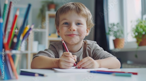 Little boy sitting at desk and drawing with colored pencils