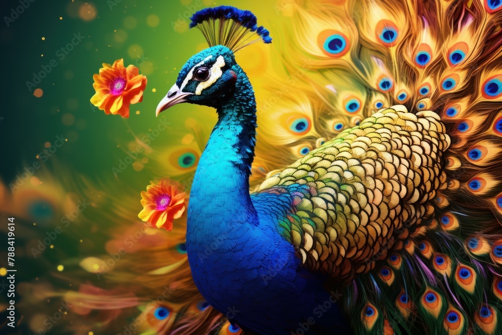 Fototapeta premium Kaleidoscopic Peacock bird art beauty. Nature tropical. Generate Ai