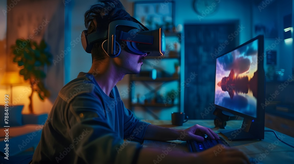 gamer boy fully immerged VR AR virtual augmented reality gaming glasses, immersive computer video game play, futuristic concept gamer boy fully immerged VR AR virtual augmented reality gaming glasses, immersive computer video game play, futuristic concept