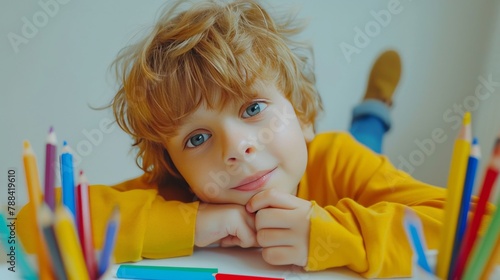 A young boy with blond hair and blue eyes is lying on a table, his chin resting in his hands. He is looking at the camera with a slight smile on his face. There are colored pencils scattered on the ta photo