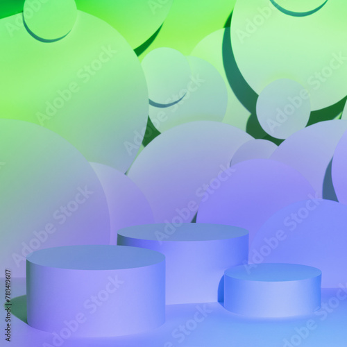 Abstract scene for presentation cosmetic products mockup - three round podiums in gradient blue violet acid green glowing light, circles flying, decor. Template for showing in futuristic vr style.