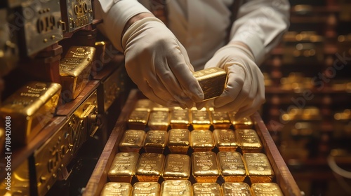 banker's hands organizing gold bullion in a secure vault with precision gloves
