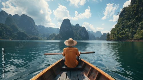 Asian man relaxing on a boat in Cheow Lan Lake © suteeda