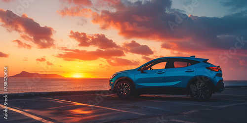 business success concept blue compact SUV car with sport and modern design parked on concrete road by the sea at sunset environmentally friendly technology luxury modern design photo