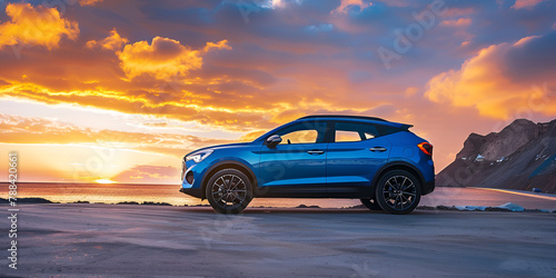 business success concept blue compact SUV car with sport and modern design parked on concrete road by the sea at sunset environmentally friendly technology luxury modern design © Azeez