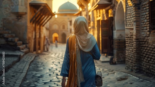 Asian Muslim woman walking inside the rock dome area