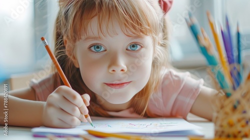 A cute little girl drawing with colored pencils photo