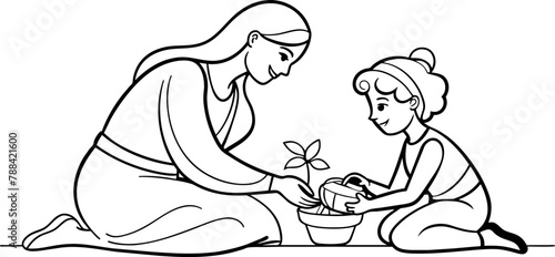 A mother and child making a handmade card or gift, portrayed in continuous line art