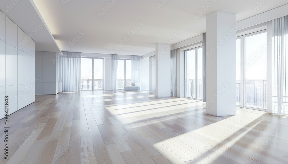 A large, empty room with white walls and white floors by AI generated image A large, empty room with white walls and white floors by AI generated image