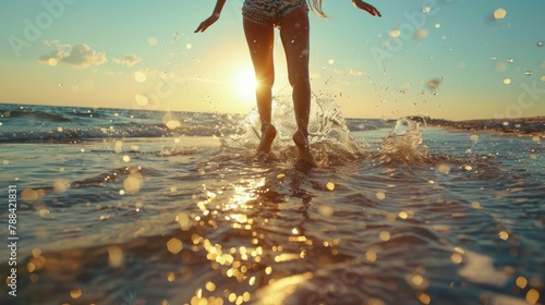 Close-up shot of cheerful woman jumping and playing on sea beach