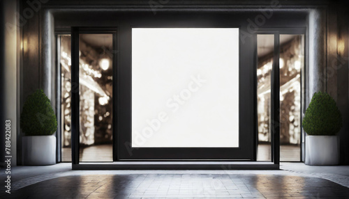 White screen isolated mockup, billboard on a shop entrance. Night shot. Dark background. Blank space for your design. Illustration. © ARVD73