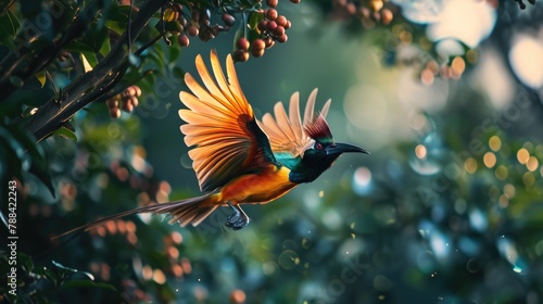 Striking golden bird-of-paradise with an elaborate crest and iridescent feathers shimmer. wildlife illustration photo