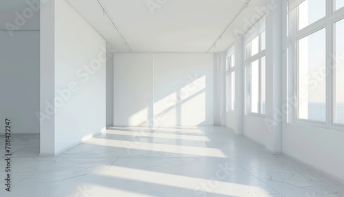A large  empty room with white walls and white floors by AI generated image