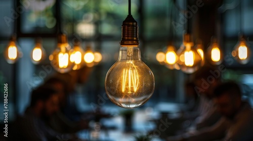 A roundtable discussion under a canopy of hanging lightbulbs, with one bulb shining brightest as a team member articulates their idea, highlighting the moment of insight and collective enthusiasm. photo