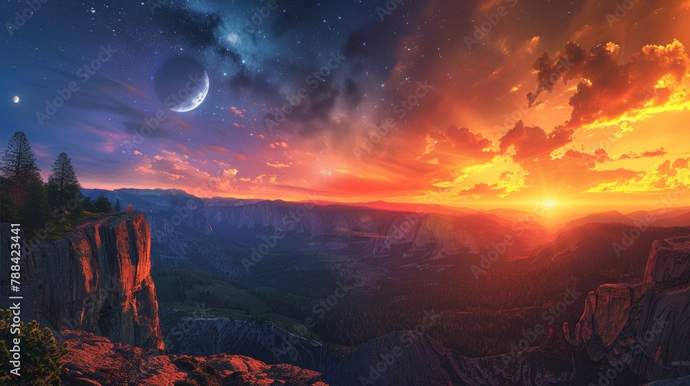 A breathtaking landscape divided into two halves,  with one side bathed in the warm light of sunrise and the other side illuminated by the moon and stars