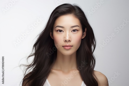 Beautiful woman portrait, asian woman eyes close-up. Isolated light grey background, studio shot