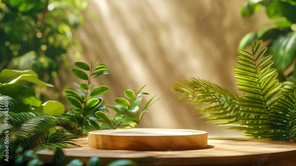 A beautiful wooden pedestal for displaying goods on a background of green plant leaves. The concept of ecology and conservation of natural resources, design inspired by nature