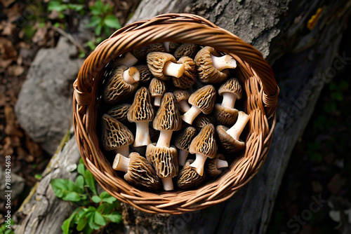 Morel Mushrooms in a Basket on a Tree photo