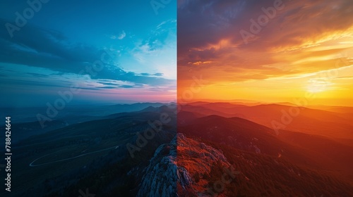 A mesmerizing image showcasing the transition from day to night,  with the left side aglow in the warm hues of sunrise and the right side blanketed in the darkness of nightfall photo