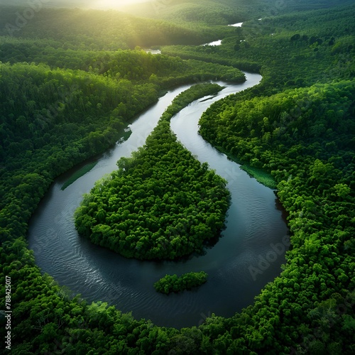 An aerial perspective captures the winding journey of a river through a dense and vibrant green forest, showcasing an intricate natural pattern.