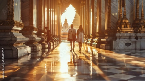 Marble temple in Bangkok with people walking