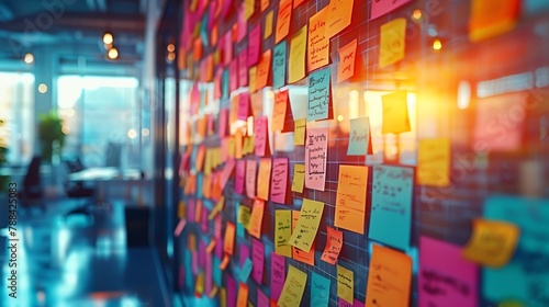 creative brainstorming wall filled with colorful sticky notes and sketches in a vibrant startup hub photo