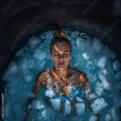 young female athlete taking a bath in ice water doing Wim Hof method, cryotherapy, ice therapy,