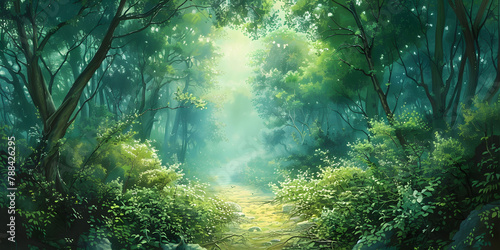 Pathway through a fantasy forest with rays of sunlight shining down.