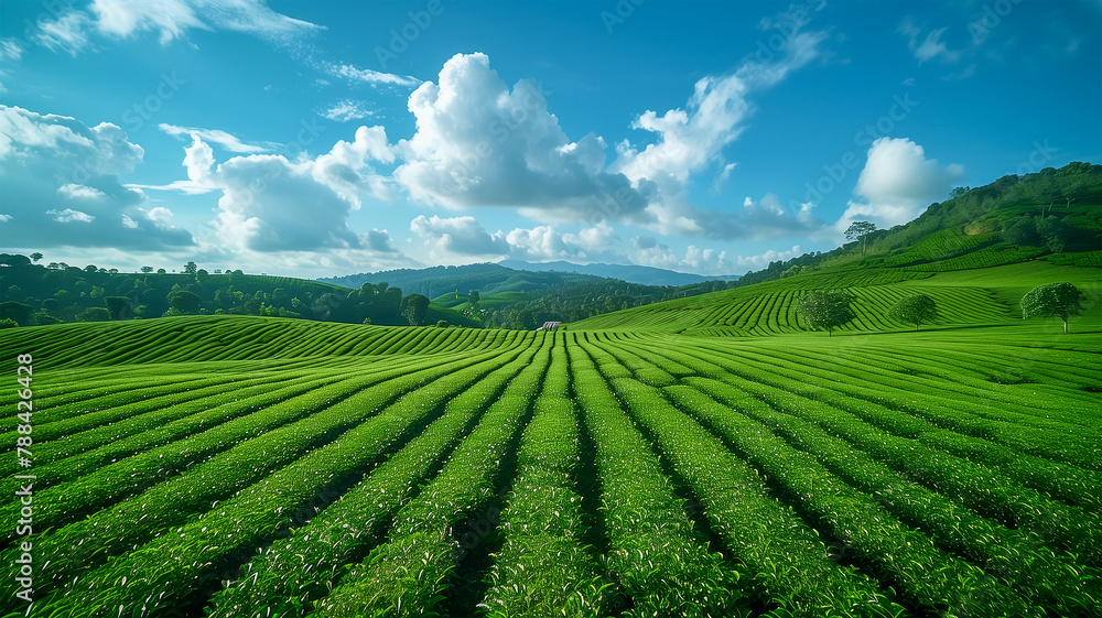 A large tea plantation in Sri Lanka under blue skies and clouds. Freshness and environmental friendliness of tea harvest cultivation