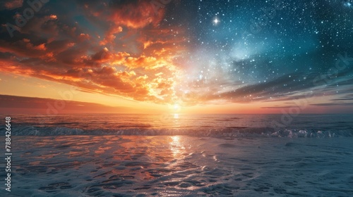 An evocative scene split between the gentle hues of sunrise on the left and the shimmering stars of night on the right