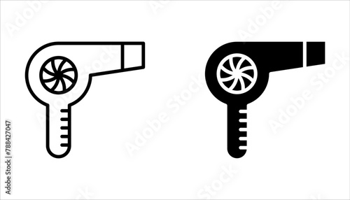 Hair dryer linear icon set. Drying and styling hair. Blow drying on white background