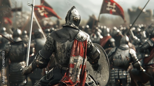A tense moment in a medieval battlefield, with armored knights on horseback charging towards the enemy lines, the clash of steel