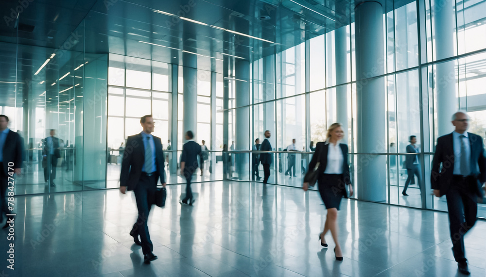 A modern office lobby with glass walls and floors is filled with blurred businesspeople walking by, creating a sense of corporate hustle and bustle. A modern office lobby with glass walls and floors is filled with blurred businesspeople walking by, creating a sense of corporate hustle and bustle.