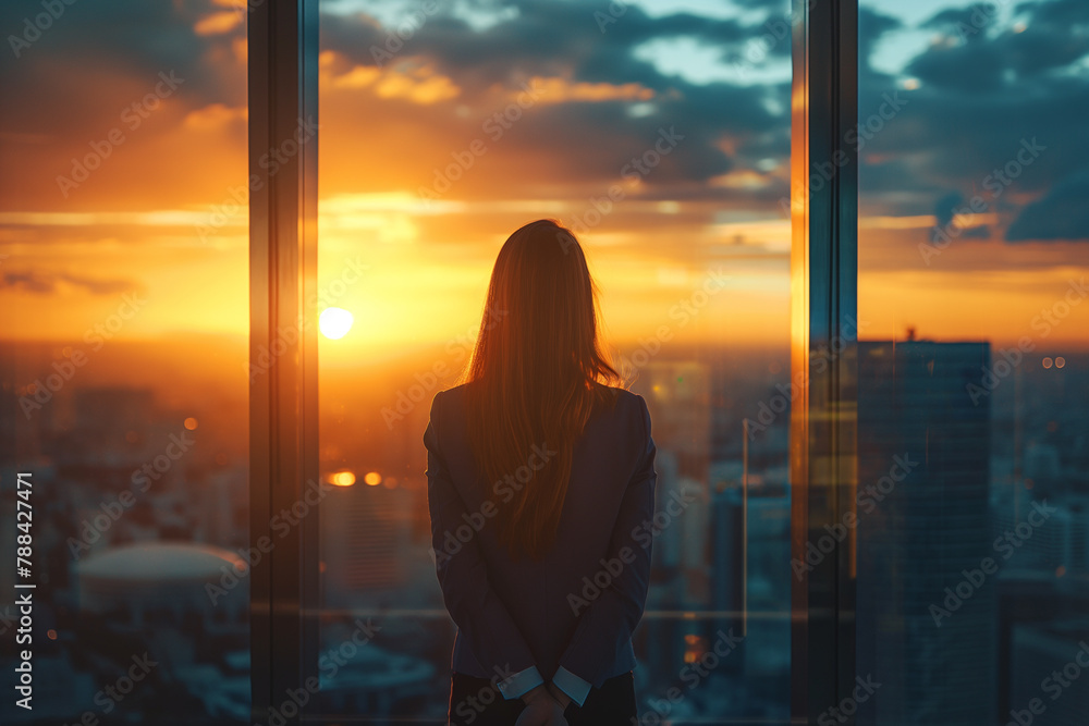 Businesswoman standing in the office with a panoramic window overlooking a cityscape at sunset, looking out of the room