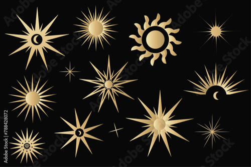 Vector golden set of mystical magic different sun shapes. Objects of spiritual occultism and esotericism, fashionable style. Template elements for posters, patterns, illustrations and other designs.