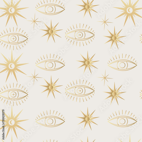 Vector golden seamless pattern with mystical magical elements of the sun and the all-seeing eye. Items of spiritual occultism and esotericism, fashionable style.
