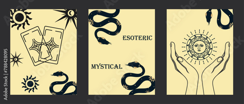 Set of mystical vector patterns. Posters with a snake, tarot cards, tarot sun, silhouette of hands, stars. Elements of esoteric, occult, alchemical and witch symbols.
