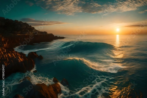 an immersive oceanic scene, showcasing the tranquil vastness of the sea under a golden sunset.