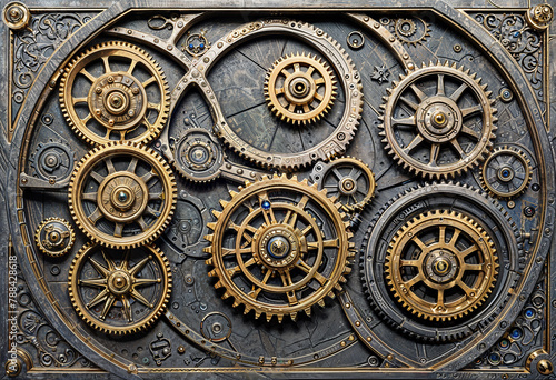 Stylized steampunk mechanical industrial victorian style vintage background. Gears and cogwheels desktop wallpaper or banner design
