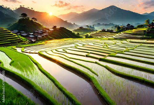 rice terraces at sunset