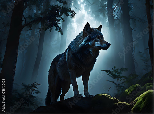 An awe-inspiring wolf stands on a rock amidst the ethereal mist of an enchanting forest bathed in moonlight, evoking a sense of mystery © JohnTheArtist