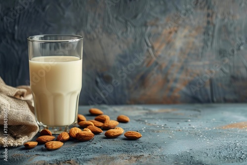 A glass of almond milk and almonds on a blue table.