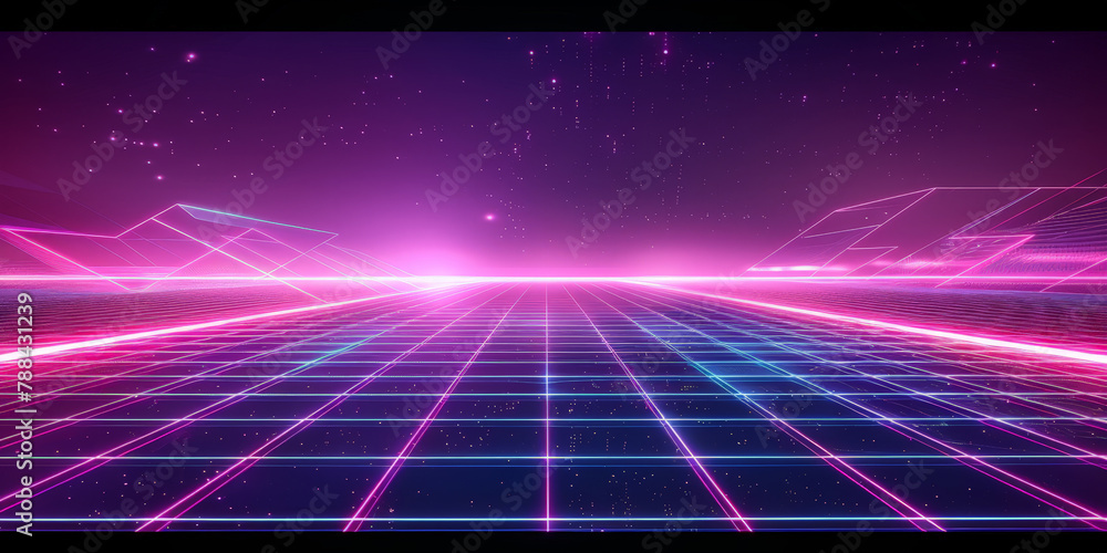 A retro synthwave background with neon grid lines and purple, blue and ...