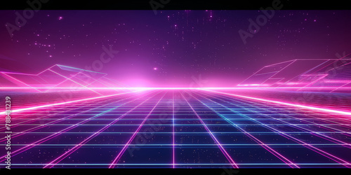 A retro synthwave background with neon grid lines and purple, blue and pink light rays. '80s aesthetic with glowing geometric patterns and grid structures. Retro Sci-Fi Background Futuristic Grid