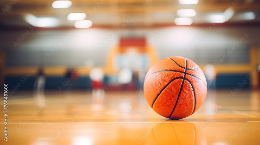 Close-Up of Basketball on Glossy Court Floor in Indoor Gymnasium Close-Up of Basketball on Glossy Court Floor in Indoor Gymnasium