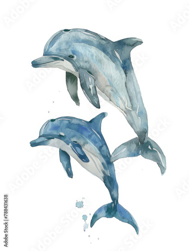 Ai Generated Art Watercolor Painting Of Two Cute Dolphins in Pastel Soft Blue Colors Isolated On White Background